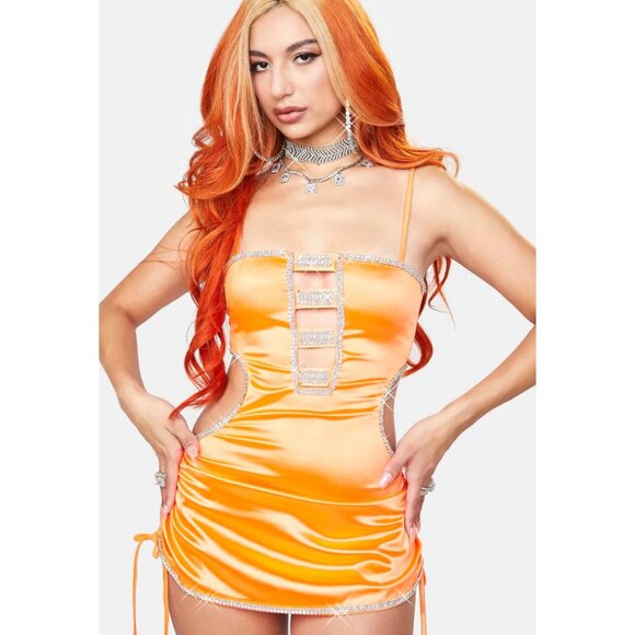 Yung Reaper Orange Rhinestone Mini Dress Cutout Details Adjustable Side Ties - Picture 6 of 6
